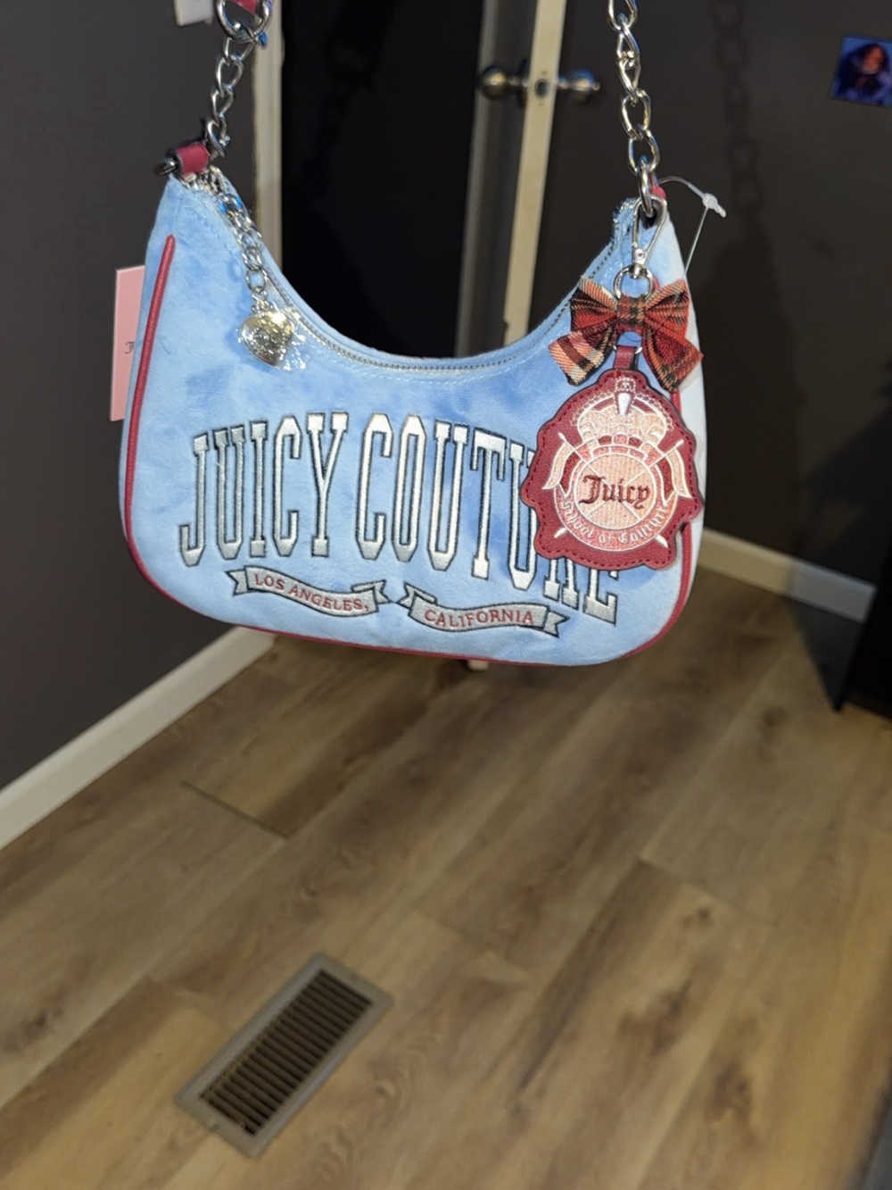 Juicy Couture Light Blue Shoulder Bag with Red Trim and Charm NWT